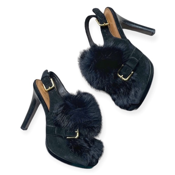 Like New Coach BEA Black Rabbit Fur Slingback Peep Toe Heels, sz 5 - Picture 2 of 15
